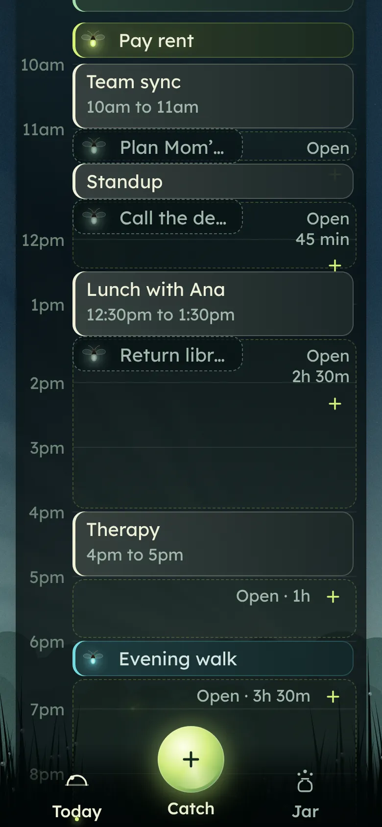 Today as a calendar: Pay rent before Team sync at 10am, a to-do after Standup, Lunch with Ana, Therapy at 4pm and an Evening walk at 6pm, with open time marked between.