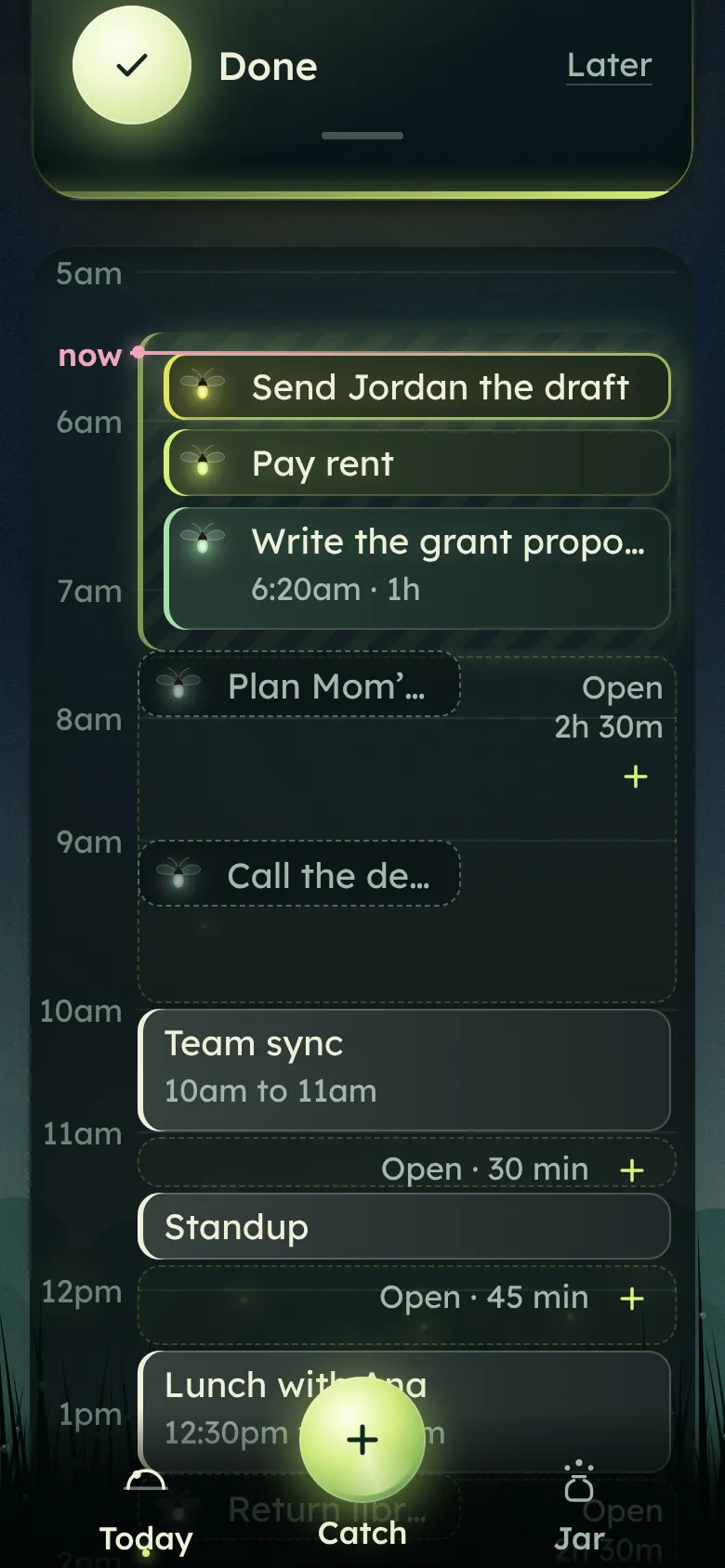 Early morning on Today: a deep work window from 5:30 to 7:30am holds Send Jordan the draft, Pay rent and Write the grant proposal intro.