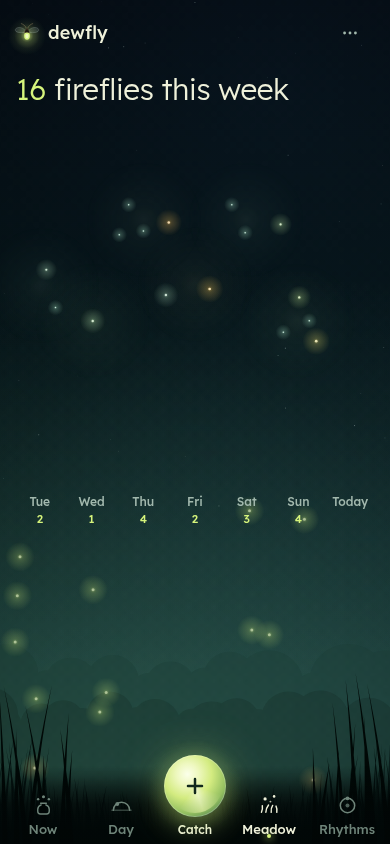 The Meadow screen shows sixteen fireflies this week, with a day-by-day count above a quiet meadow.