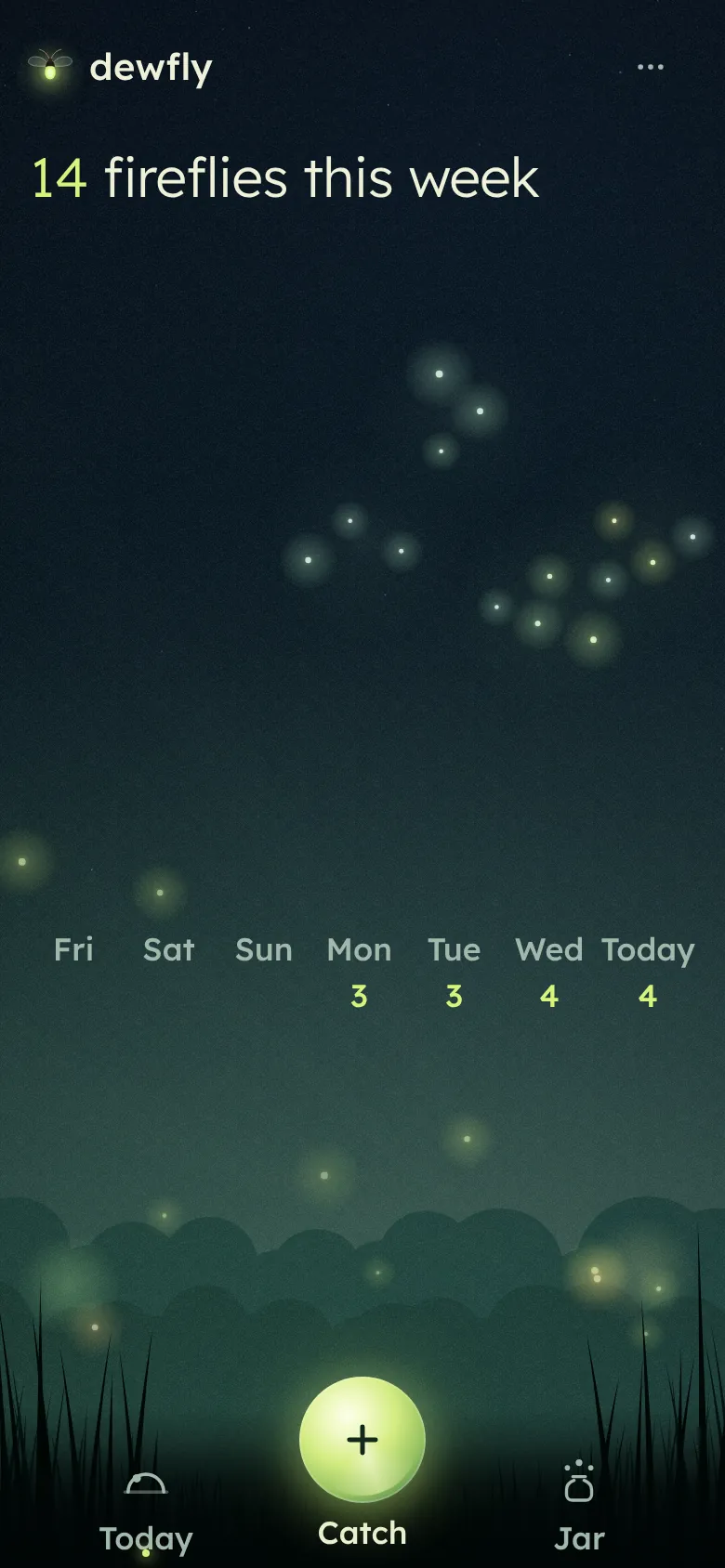 The Meadow on Thursday evening: 14 fireflies this week, with a count for each day above a quiet meadow.